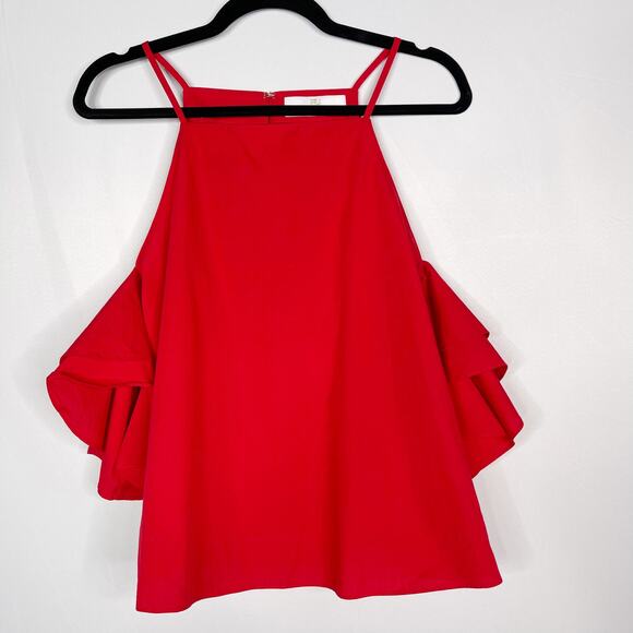 Amanda Uprichard Small S Red Ruffle Cold Shoulder Blouse Short Sleeve Cotton - Picture 1 of 10
